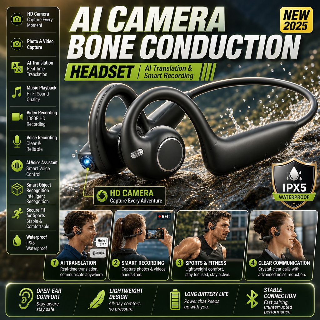 Bone Conduction Headphones Bluetooth 5.3 - سماعات رأس E12 بتقنية التوصيل العظمي،
